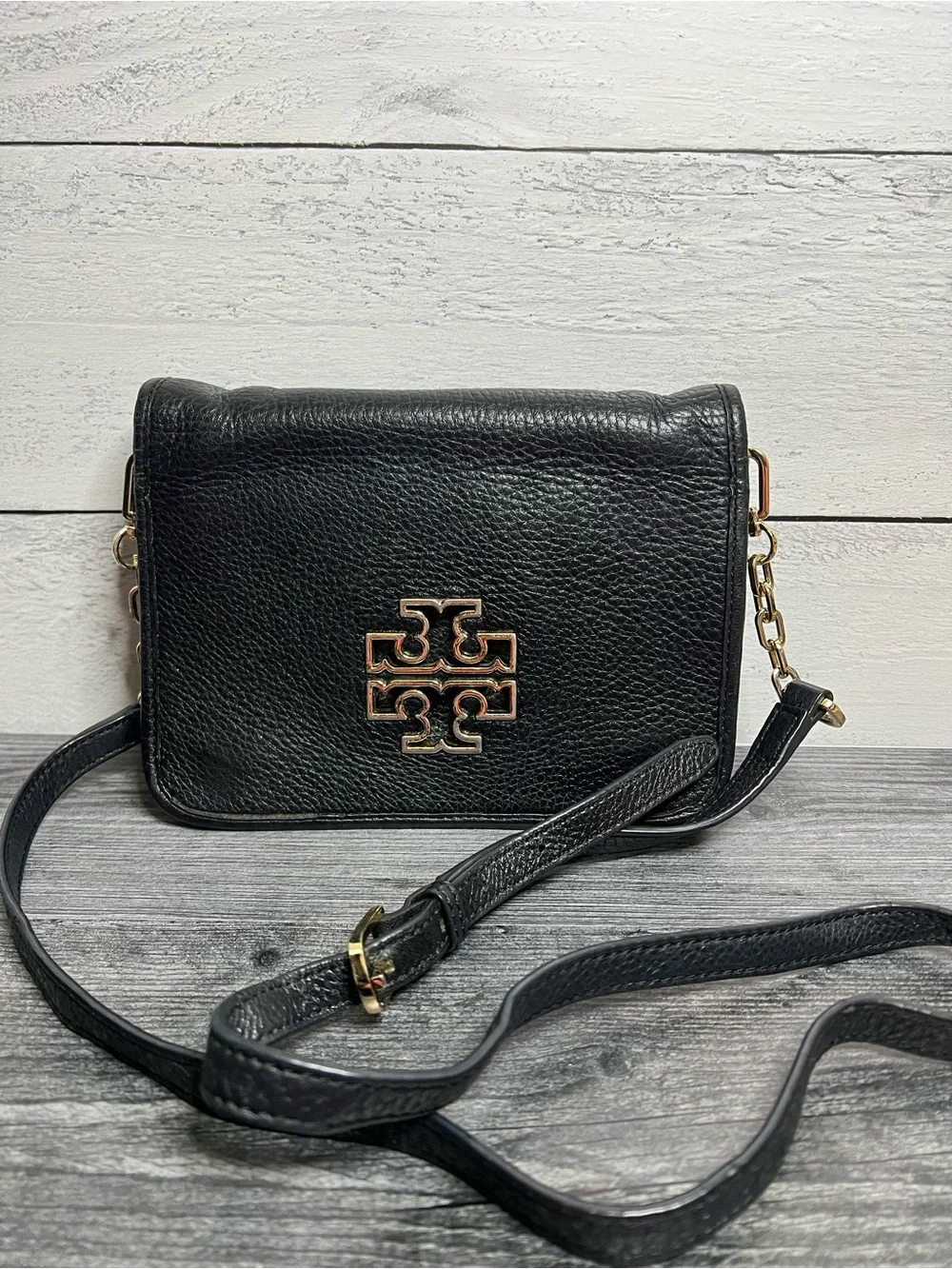 Tory Burch Black Pebbled Leather Crossbody Bag with Gold Hardware
